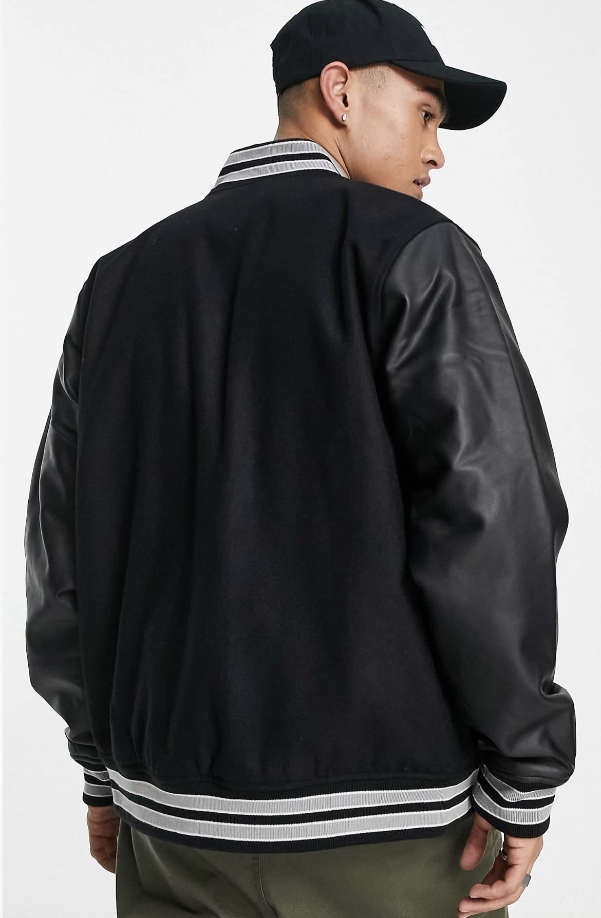 Cotton Blend Black Leather Varsity Jacket For Men(N14)