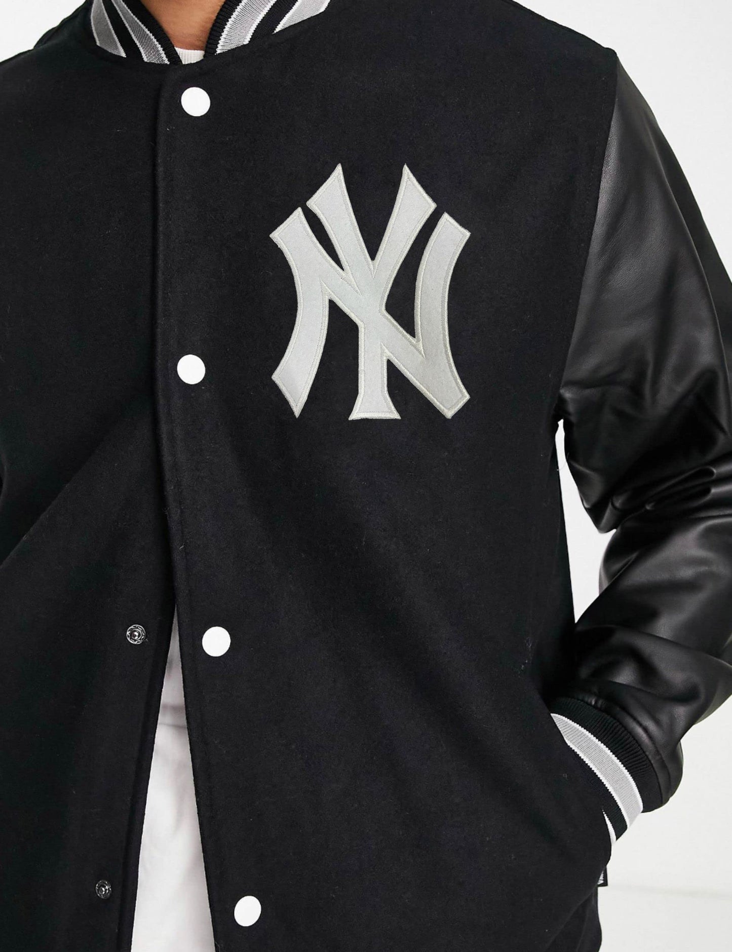 Cotton Blend Black Leather Varsity Jacket For Men(N14)