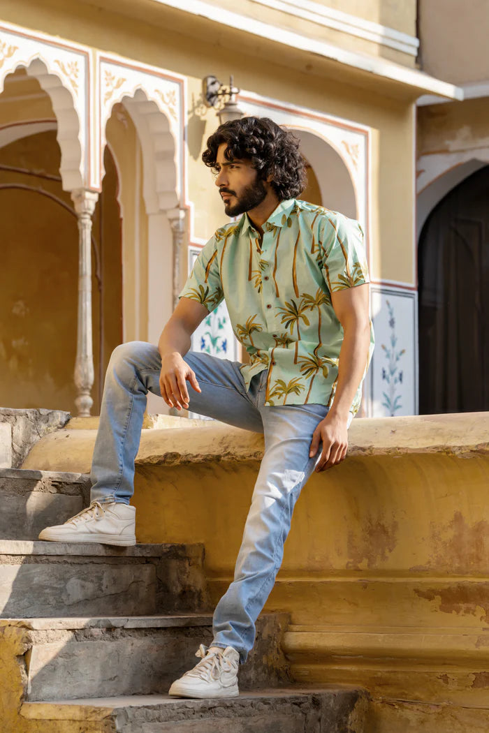 FLORAL PRINTED COTTON GREEN PINE SHIRT FOR MEN | OLD MONEY AESTHETIC(N13)