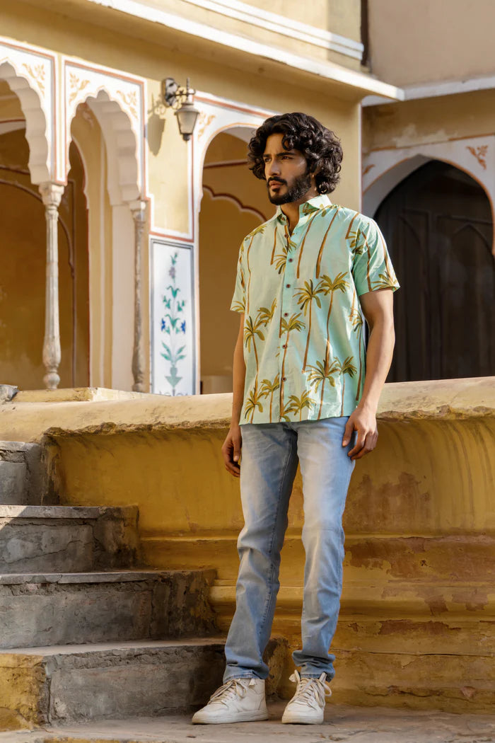 FLORAL PRINTED COTTON GREEN PINE SHIRT FOR MEN | OLD MONEY AESTHETIC(N13)