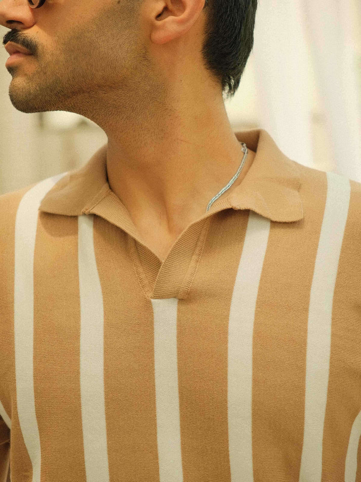 Old Money Stripe Polo - Caramel bars(S,M,XL)(N16)