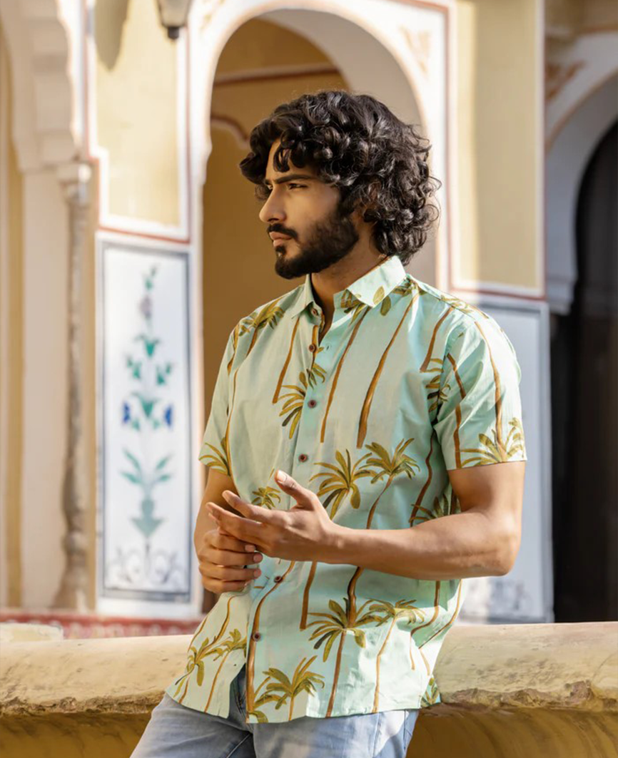 FLORAL PRINTED COTTON GREEN PINE SHIRT FOR MEN | OLD MONEY AESTHETIC(N13)